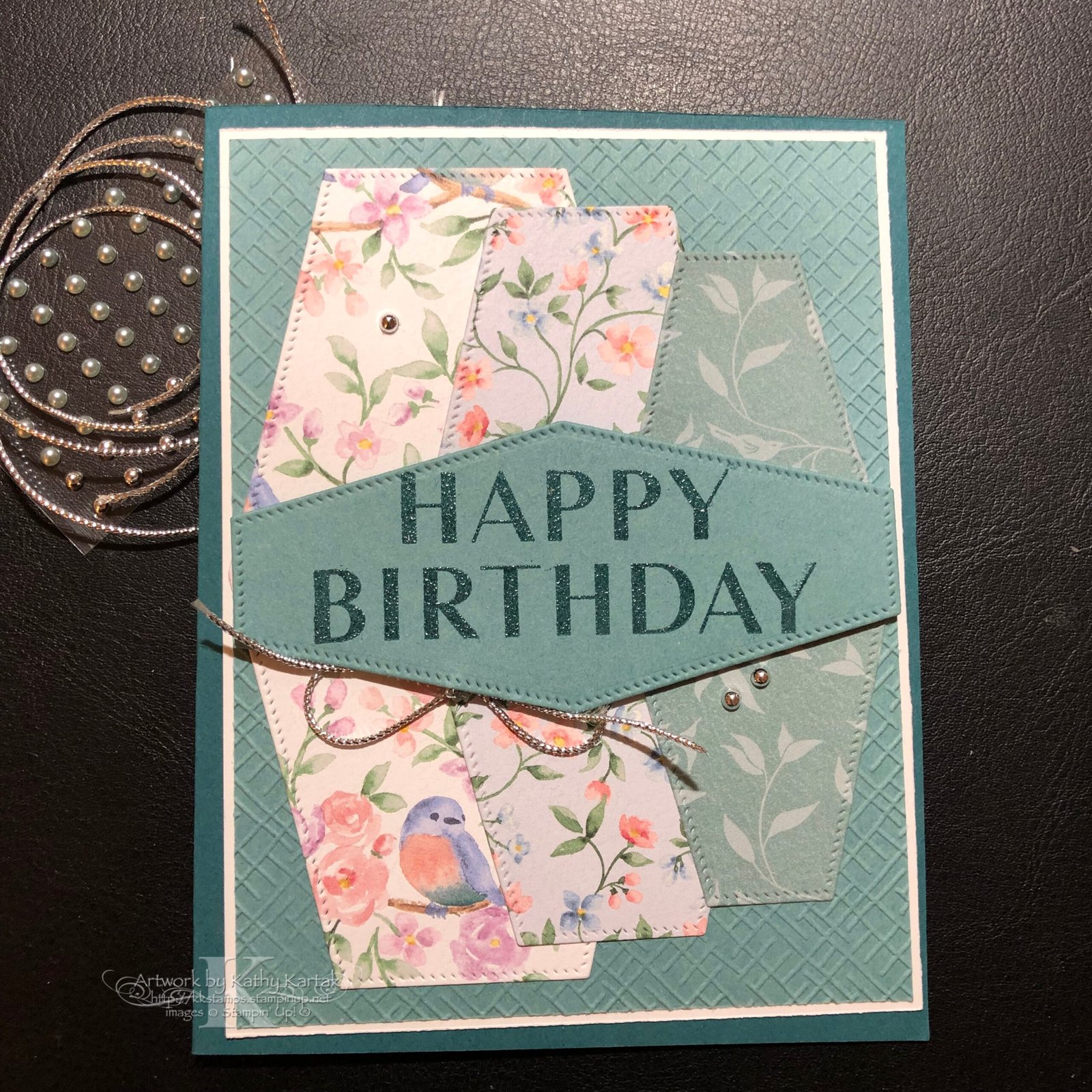 Picture of a birthday card using Stampin' Up's Flight & Airy Designer Series Paper and Phrases for All stamp set.