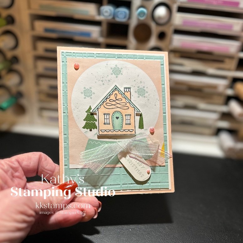 picture of a little pink Christmas house card using Stampin' Up's Humble Home bundle.