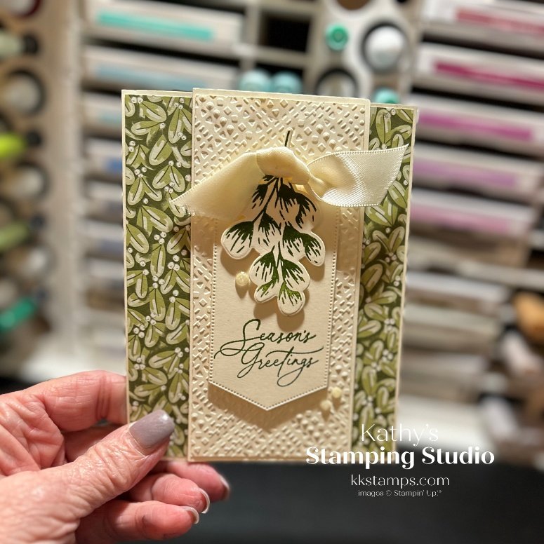 Photo of a Greenery Greetings card made with Stampin' Up's Greetings of the Season and Golden Greenery Bundles.